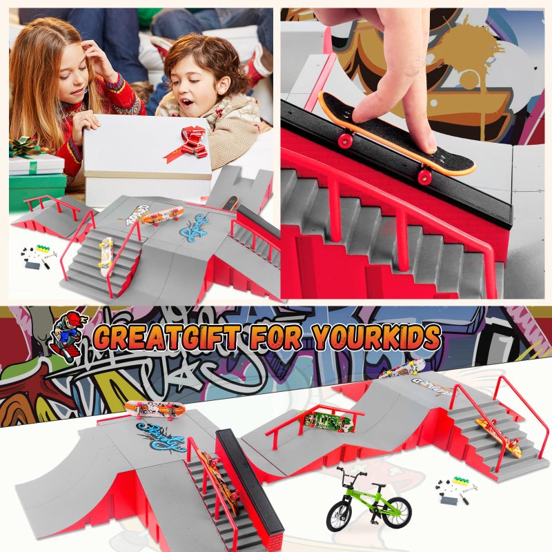 RNGODO Finger Skateboard Park Kits,14-in-1 Bigger Finger Skateboard Ramp Set with 14 Ramps,8 Fingerboards,1 Finger Bike, Skate Park Kit,Fingerboard Skatepark Half Pipe Toys Gifts for Ages 3+ - Image 3