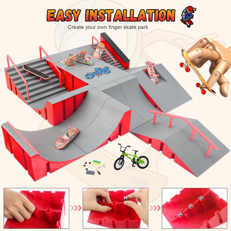 RNGODO Finger Skateboard Park Kits,14-in-1 Bigger Finger Skateboard Ramp Set with 14 Ramps,8 Fingerboards,1 Finger Bike, Skate Park Kit,Fingerboard Skatepark Half Pipe Toys Gifts for Ages 3+ - Image 4