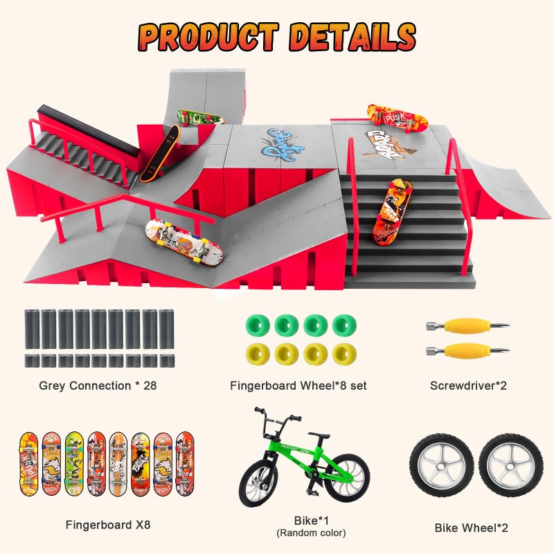 RNGODO Finger Skateboard Park Kits,14-in-1 Bigger Finger Skateboard Ramp Set with 14 Ramps,8 Fingerboards,1 Finger Bike, Skate Park Kit,Fingerboard Skatepark Half Pipe Toys Gifts for Ages 3+ - Image 2
