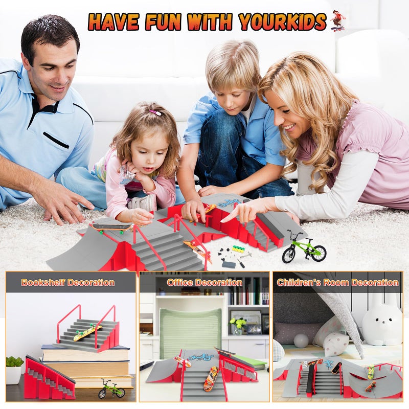 RNGODO Finger Skateboard Park Kits,14-in-1 Bigger Finger Skateboard Ramp Set with 14 Ramps,8 Fingerboards,1 Finger Bike, Skate Park Kit,Fingerboard Skatepark Half Pipe Toys Gifts for Ages 3+ - Image 5