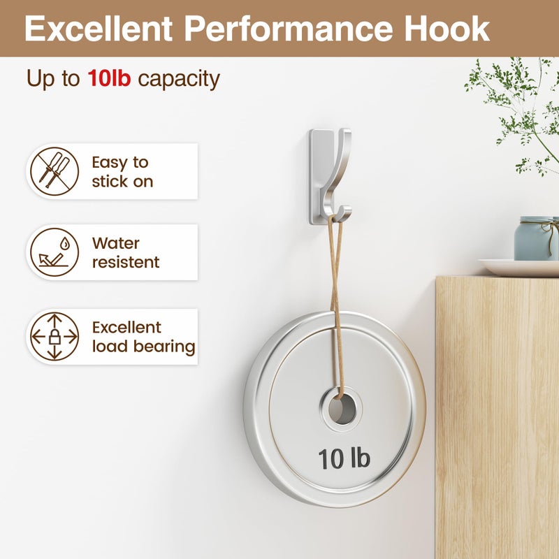 pickpiff Adhesive Wall Hooks for Towels - Sticky Hook Hanging Heavy Duty (13lb), Hanger for Door, Bathroom, Dorm, Closet - for Coats, Purse, Bag, Robe - No Damage to Wall - Silver 4 Pack - Image 3