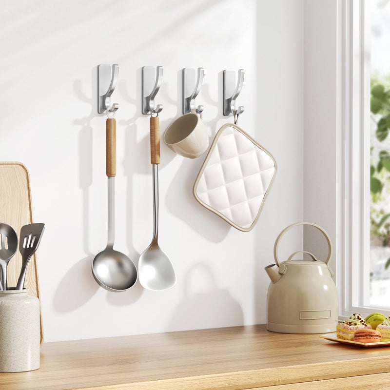 pickpiff Adhesive Wall Hooks for Towels - Sticky Hook Hanging Heavy Duty (13lb), Hanger for Door, Bathroom, Dorm, Closet - for Coats, Purse, Bag, Robe - No Damage to Wall - Silver 4 Pack - Image 5