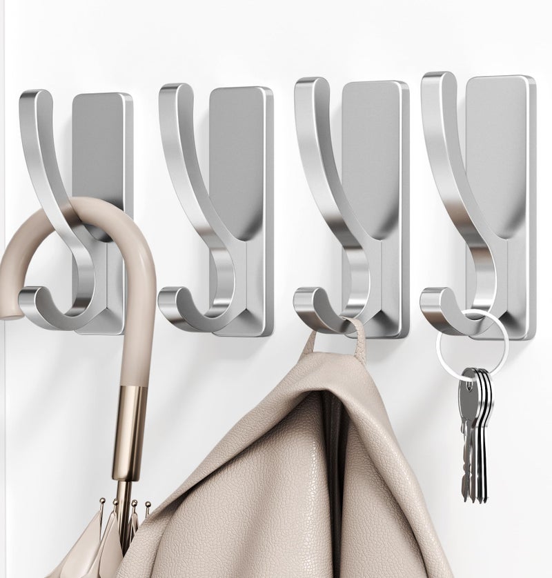 pickpiff Adhesive Wall Hooks for Towels - Sticky Hook Hanging Heavy Duty (13lb), Hanger for Door, Bathroom, Dorm, Closet - for Coats, Purse, Bag, Robe - No Damage to Wall - Silver 4 Pack - Image 1
