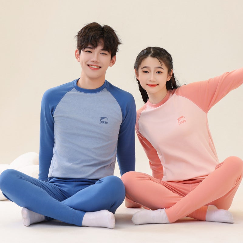 Teenagers Warm Suit Big Children Yang Velvet Double-Sided Sanding Autumn Clothes Autumn Trousers Home Base Shirt Monochrome Printing - Image 3