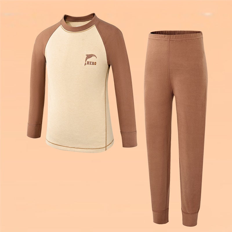 Teenagers Warm Suit Big Children Yang Velvet Double-Sided Sanding Autumn Clothes Autumn Trousers Home Base Shirt Monochrome Printing - Image 1