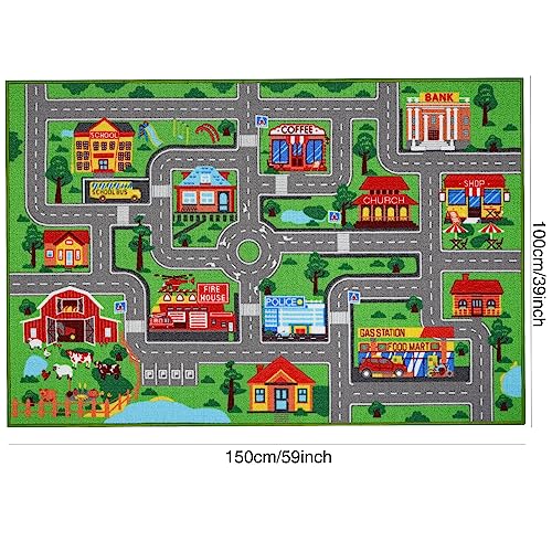AKASISRUG Kids Carpet Playmat Rug 59"x39.4", Car Rug for Kids Cars, Non-Slip Town City Road Map Kids Rugs for Playroom Bedroom Boys, Kids Cars Play Mat Track Road Rugs for Kid(59X39.4Inch,Green) - Image 2