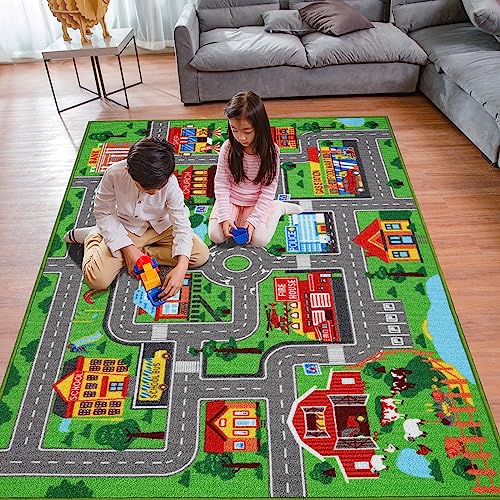 AKASISRUG Kids Carpet Playmat Rug 59"x39.4", Car Rug for Kids Cars, Non-Slip Town City Road Map Kids Rugs for Playroom Bedroom Boys, Kids Cars Play Mat Track Road Rugs for Kid(59X39.4Inch,Green) - Image 1