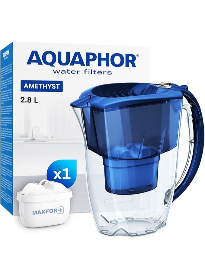 Aquaphor AQUAPHOR Amethyst Water Filter Jug Blue – 2.8L Capacity | Includes 1 x MAXFOR+ Filter Cartridge (200L) | Reduces Limescale, Chlorine, Heavy Metals & Microplastics | BPA-Free | Slim Fridge-Friendly Design  - Image 1