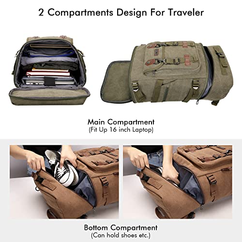 WITZMAN Travel Backpack for Men Canvas Backpack Large Convertible Carry on Luggage Rucksack (A568-2 Army Green) - Image 4