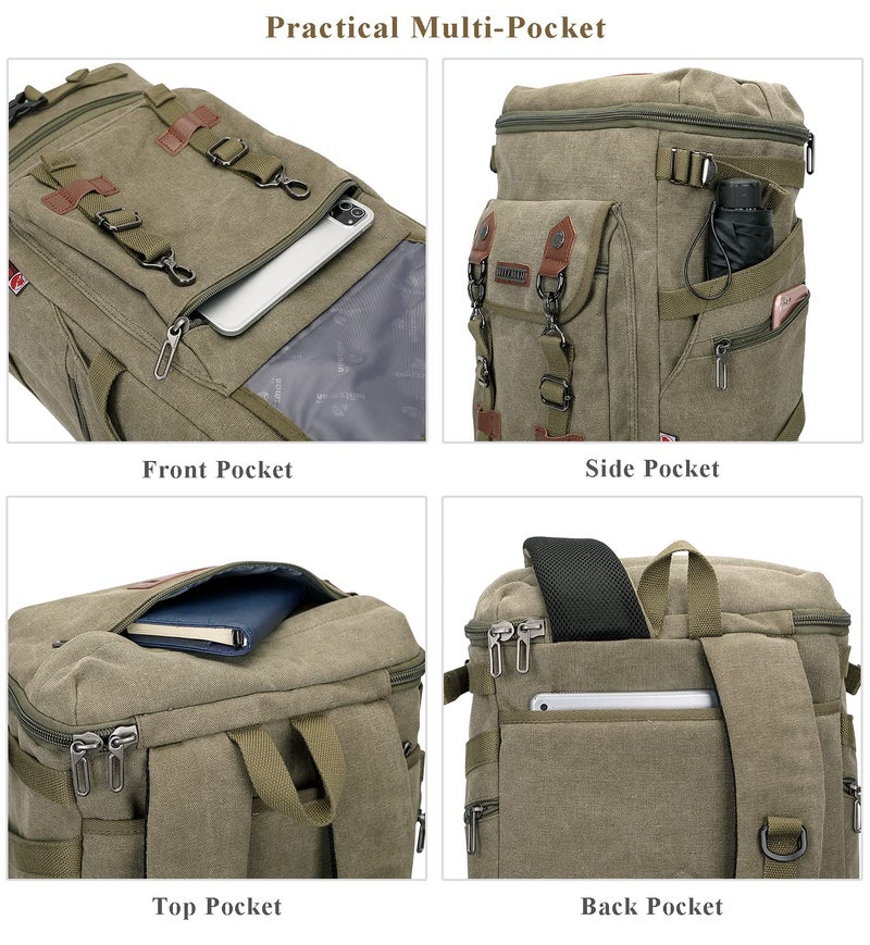 WITZMAN Travel Backpack for Men Canvas Backpack Large Convertible Carry on Luggage Rucksack (A568-2 Army Green) - Image 5