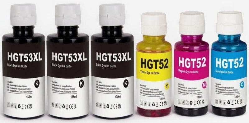 NexNova® GT53XL 135ml GT52 100ml 6-Pack for HP Printer DeskJet Smart GT Tank Black*3 Cyan Magenta Yellow - Image 1