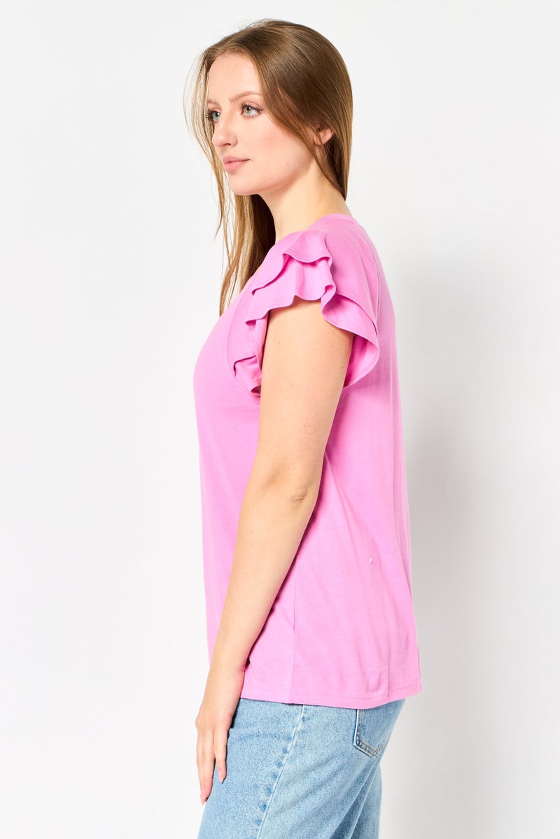 GAP Women Crew Neck Solid Flutter Sleeve Top, Pink - Image 3