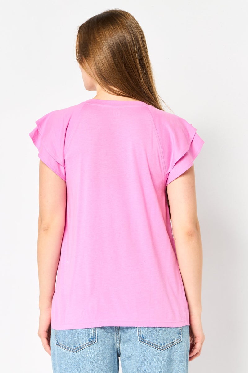 GAP Women Crew Neck Solid Flutter Sleeve Top, Pink - Image 4