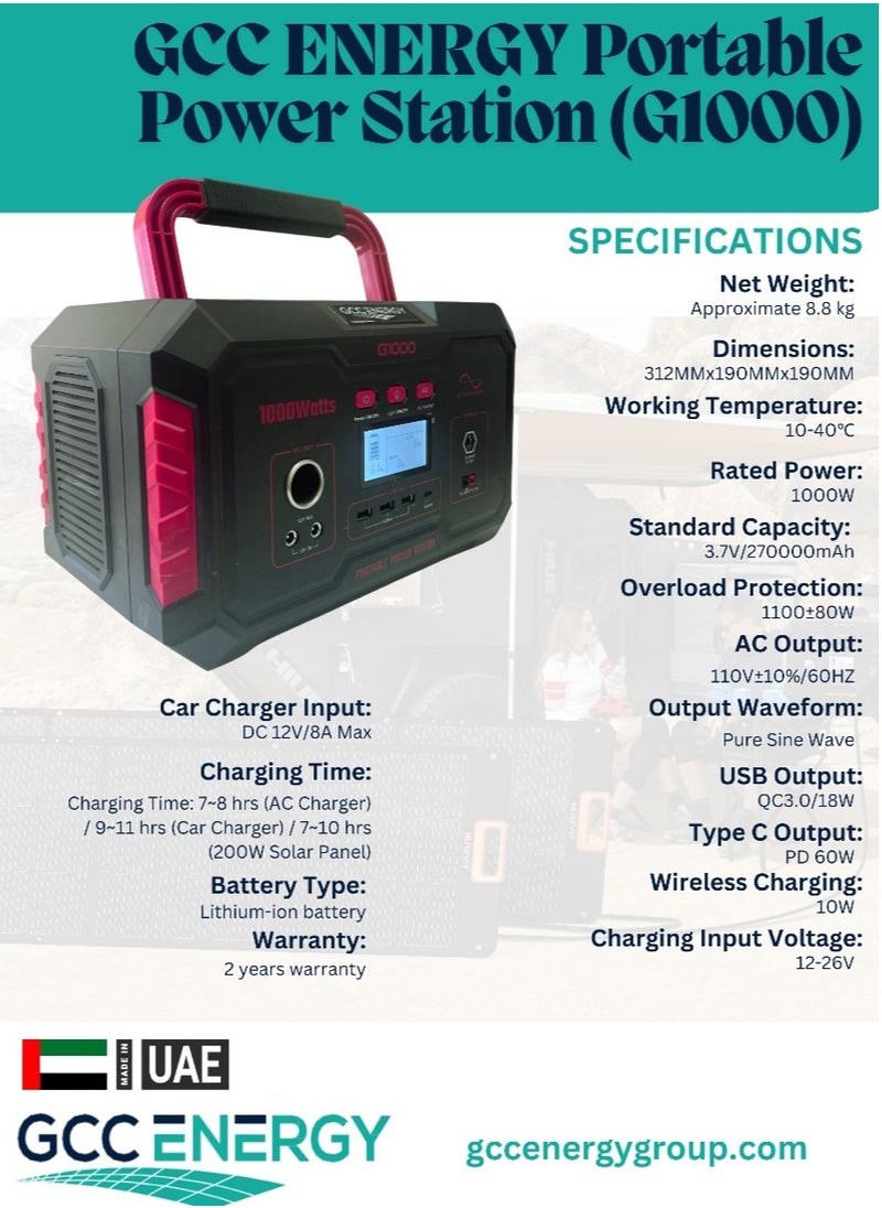 GCC ENERGY Gcc Energy 1000W Portable Power Station Solar Generator for Off Grid Camping 