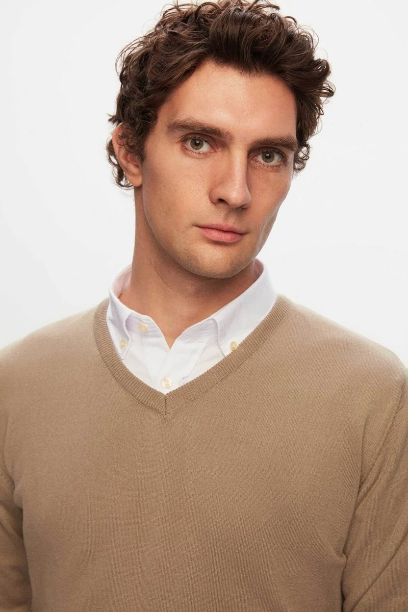 دي أس دامات Regular Fit Beige Plain V-Neck Knitwear Sweater 5HF06ORT12003
