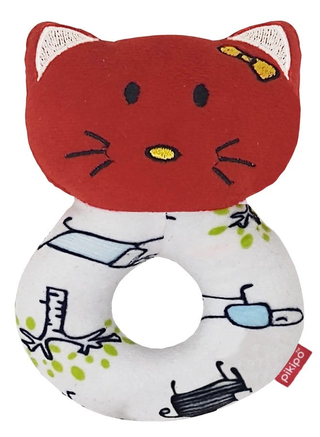 pikipo Plush Kitty Face Rattle Soft Toy with Round Handle (Red) - Toddlers - Image 1