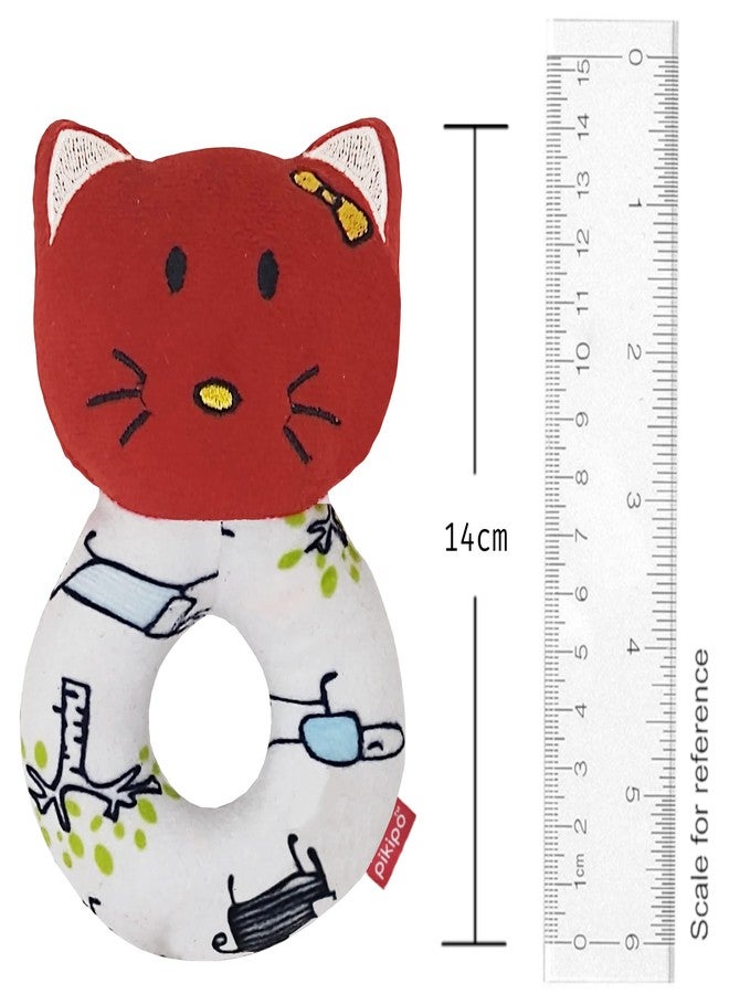 pikipo Plush Kitty Face Rattle Soft Toy with Round Handle (Red) - Toddlers - Image 2