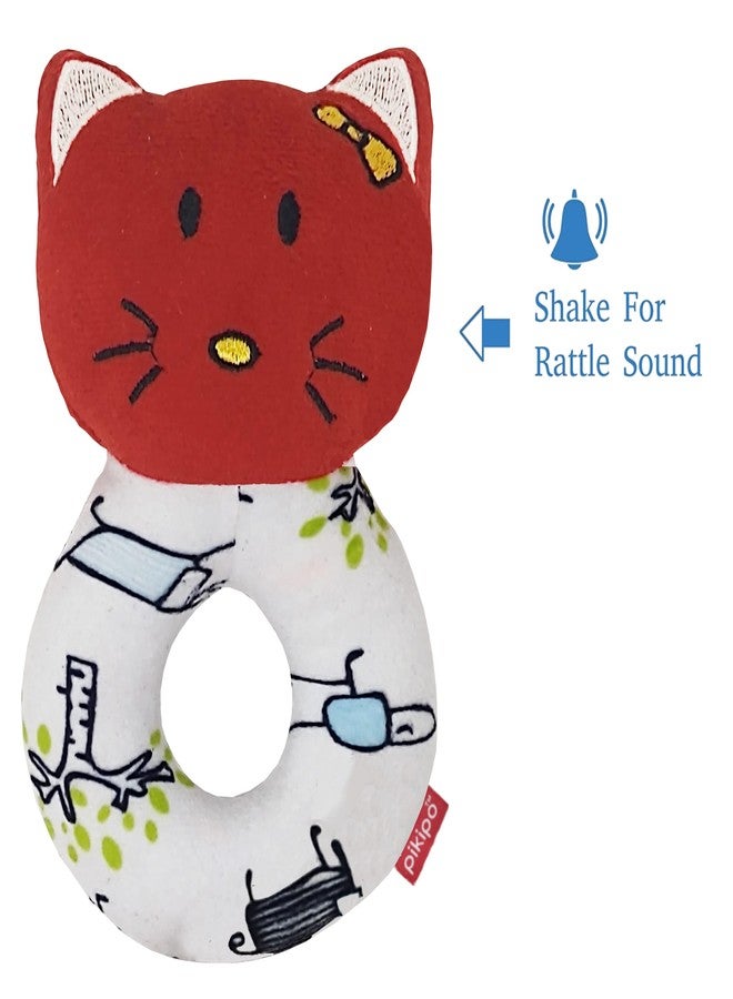 pikipo Plush Kitty Face Rattle Soft Toy with Round Handle (Red) - Toddlers - Image 3
