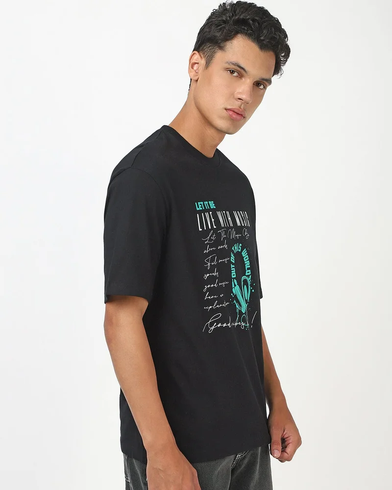bewakoof Men's Black Live With Music Graphic Printed Oversized T-shirt