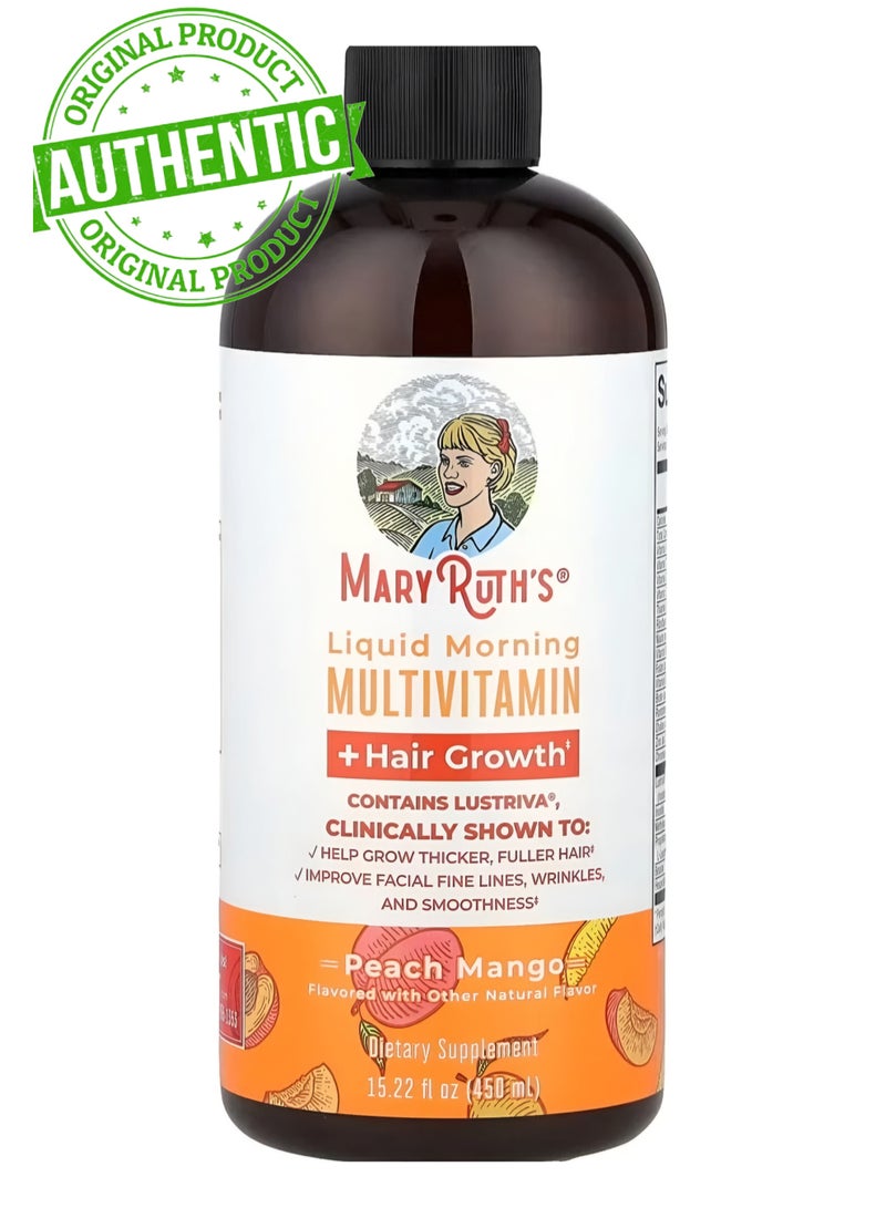 MaryRuth's MaryRuth’s Liquid Morning Multivitamin + Hair Growth – Peach Mango, 15.22 fl oz (450 ml) | Energy, Immunity & Hair Support | Liquid Daily Vitamin Supplement | Non-GMO, Vegan, Sugar-Free - Image 1