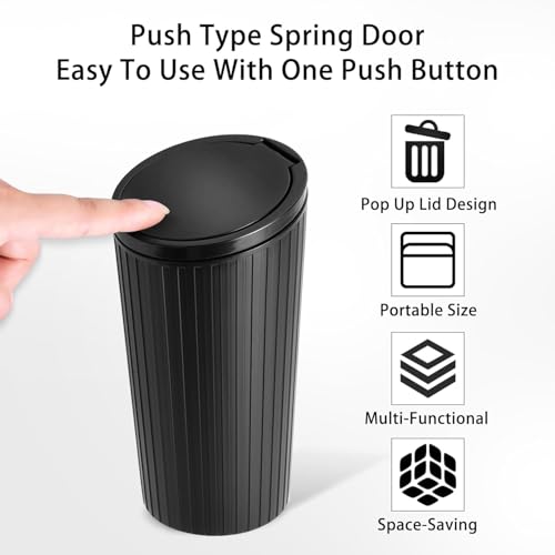 Soko 2 PC Plastic Mini Car Trash Can With Lid, Small Portable Garbage Bin, Car Accessories, Leakproof Vehicle Cup Holder Waste Storage For Car, Home, Kitchen, Office - Black, Press-Top - Image 4