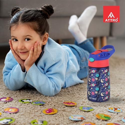 ATTRO Kinder Vacuum Insulated ISI certified Stainless Steel Water Bottle – 330ml, Leakproof, BPA-Free, Eye-Catchy Prints, Ideal for Kids School, Picnic, Travel & Daily Use – Galaxy Space Navy - Image 3