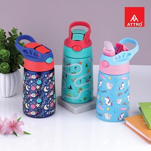 ATTRO Kinder Vacuum Insulated ISI certified Stainless Steel Water Bottle – 330ml, Leakproof, BPA-Free, Eye-Catchy Prints, Ideal for Kids School, Picnic, Travel & Daily Use – Galaxy Space Navy - Image 4