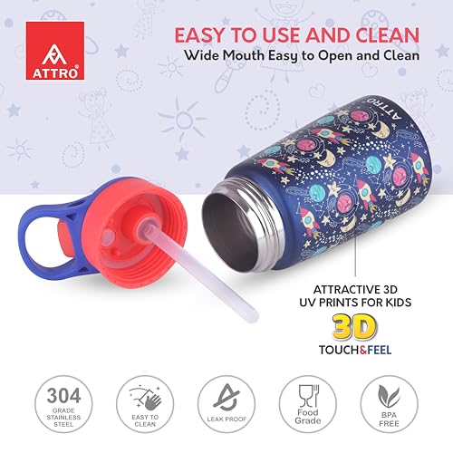 ATTRO Kinder Vacuum Insulated ISI certified Stainless Steel Water Bottle – 330ml, Leakproof, BPA-Free, Eye-Catchy Prints, Ideal for Kids School, Picnic, Travel & Daily Use – Galaxy Space Navy - Image 2