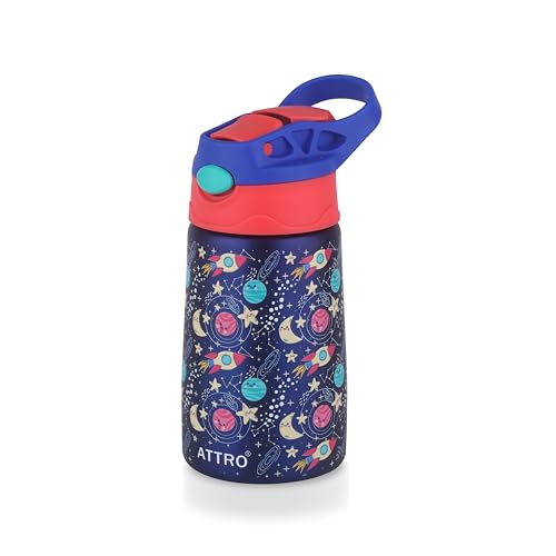 ATTRO Kinder Vacuum Insulated ISI certified Stainless Steel Water Bottle – 330ml, Leakproof, BPA-Free, Eye-Catchy Prints, Ideal for Kids School, Picnic, Travel & Daily Use – Galaxy Space Navy - Image 1