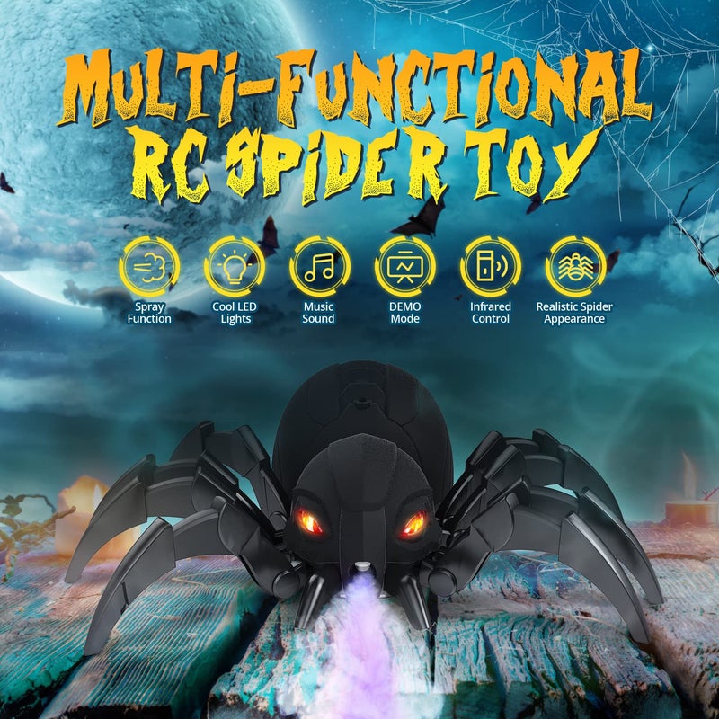 DEERC Remote Control Spider, Robot Spide with Spray and Lights, Black Widow Toy for Kids, for Halloween Xmas Birthday Party Joke Prank, Wireless RC Realistic Bot Moving Real Music Effect Tarantula - Image 2