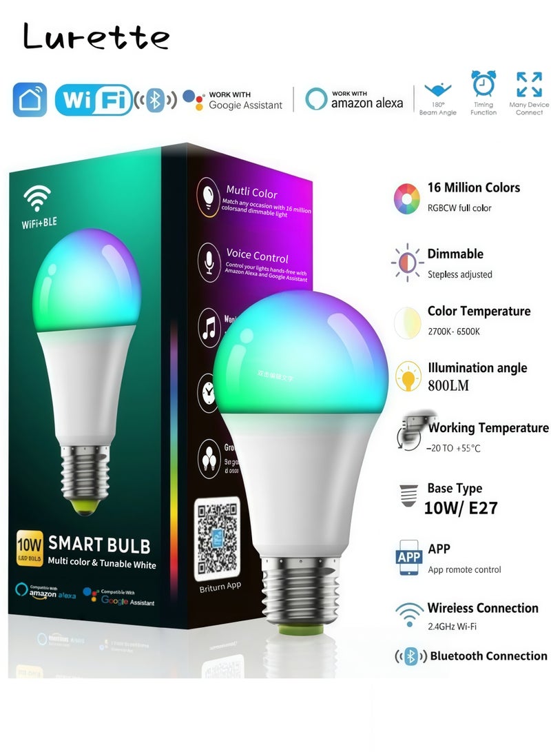 Lurette 10W E27 Base Smart Bulb, WiFi Bluetooth Dual Connection, Remote Control, Buiturn Smart App & Voice Control with Alexa Google Assistant and IFTTT, 800LM Color Changing LED Bulbs, 16 million color adjustments (1 Pack) - Image 1