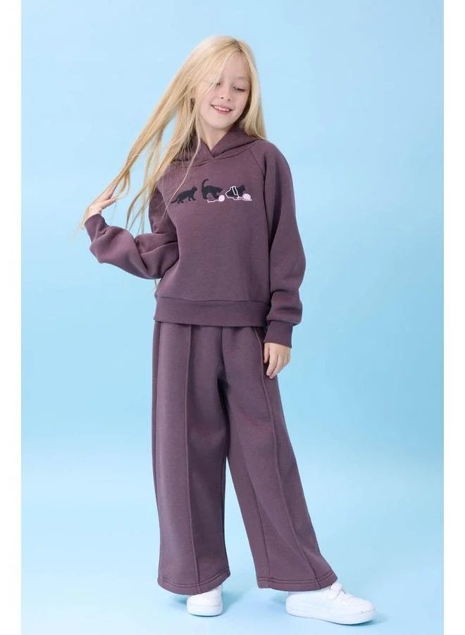 Perendi Girl's Hooded Fleece-Lined Cat Embroidered Sherpa Winter Outfit – Eggplant Color