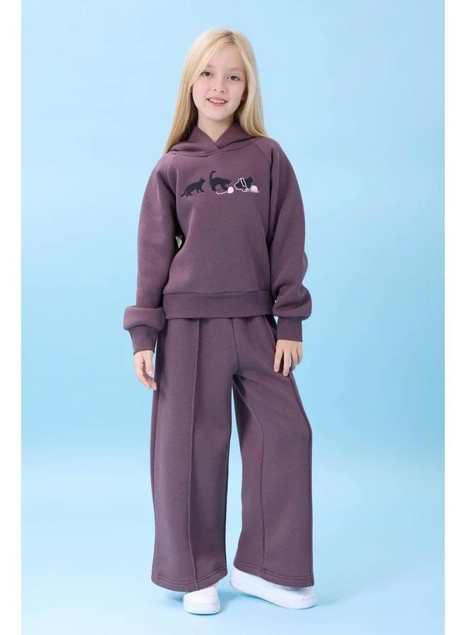 Perendi Girl's Hooded Fleece-Lined Cat Embroidered Sherpa Winter Outfit – Eggplant Color