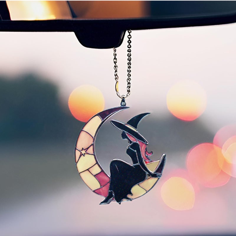 LDJRSY Moon Witch Car Hanging Ornament Cute Rear View Mirror Decoration Mirror Charm Car Interior Decorations for Girls and Women A Gift for Goth Lovers (Colour Moon Witch) - Image 1