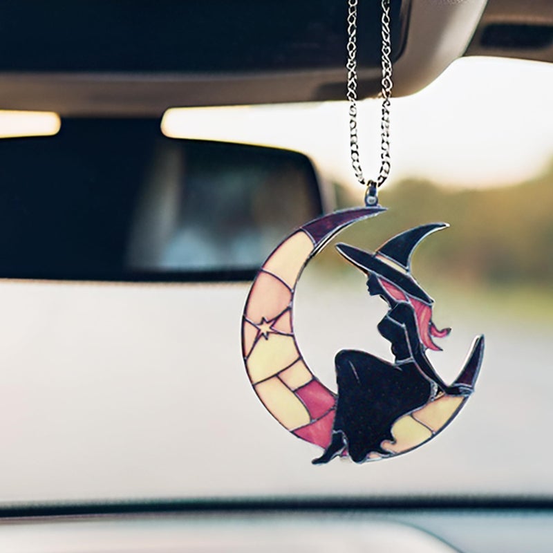 LDJRSY Moon Witch Car Hanging Ornament Cute Rear View Mirror Decoration Mirror Charm Car Interior Decorations for Girls and Women A Gift for Goth Lovers (Colour Moon Witch) - Image 3