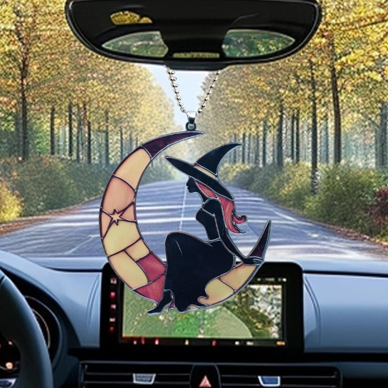 LDJRSY Moon Witch Car Hanging Ornament Cute Rear View Mirror Decoration Mirror Charm Car Interior Decorations for Girls and Women A Gift for Goth Lovers (Colour Moon Witch) - Image 2