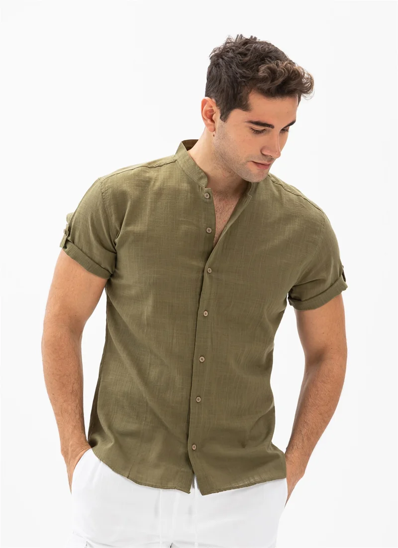 Akbeniz Short Sleeve Şile Cloth Bodrum Men's Shirt Khaki 3049