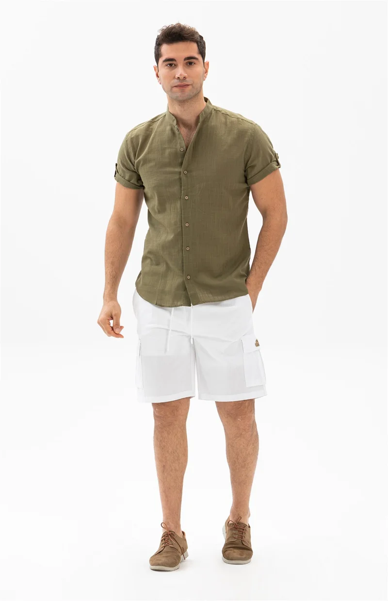 Akbeniz Short Sleeve Şile Cloth Bodrum Men's Shirt Khaki 3049