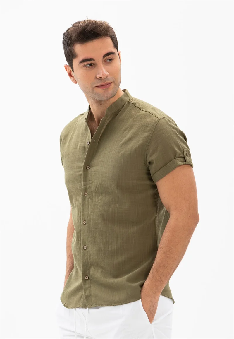 Akbeniz Short Sleeve Şile Cloth Bodrum Men's Shirt Khaki 3049