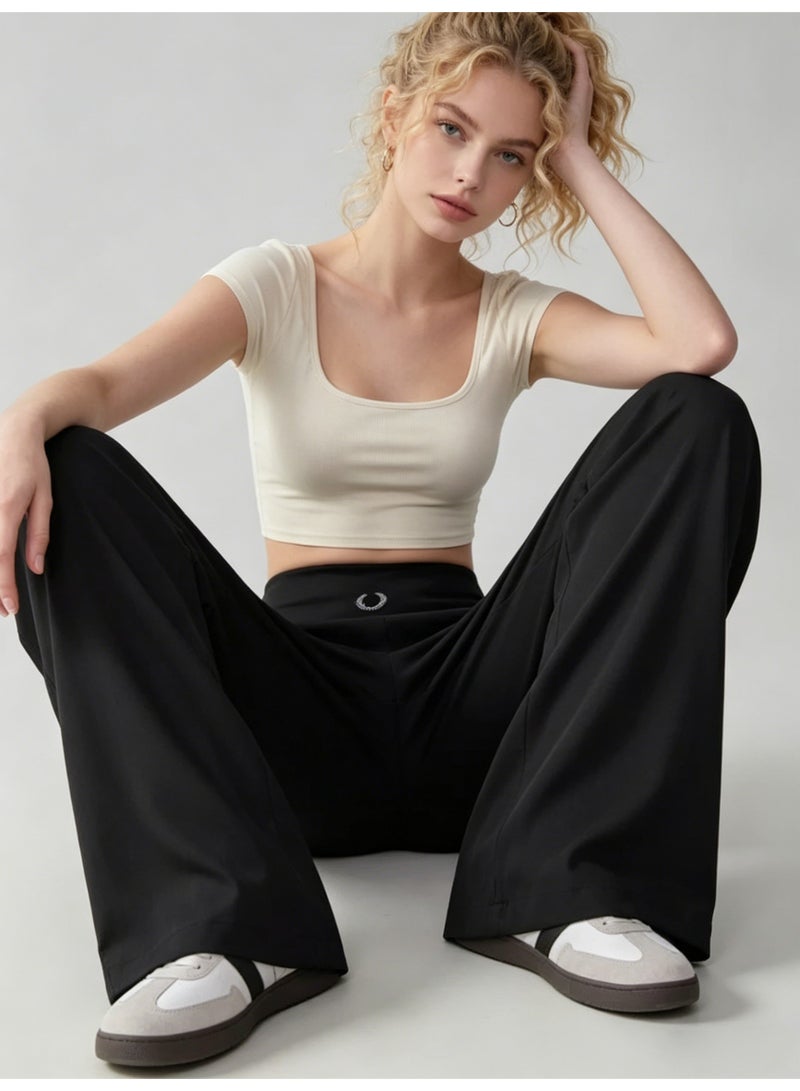 فريد بيري FRED PERRY Women's High Waist Wide Leg Pants - Smooth Casual Pants with Minimalist Logo, Suitable for Sports, Leisure and Daily Wear (Black) - Image 2