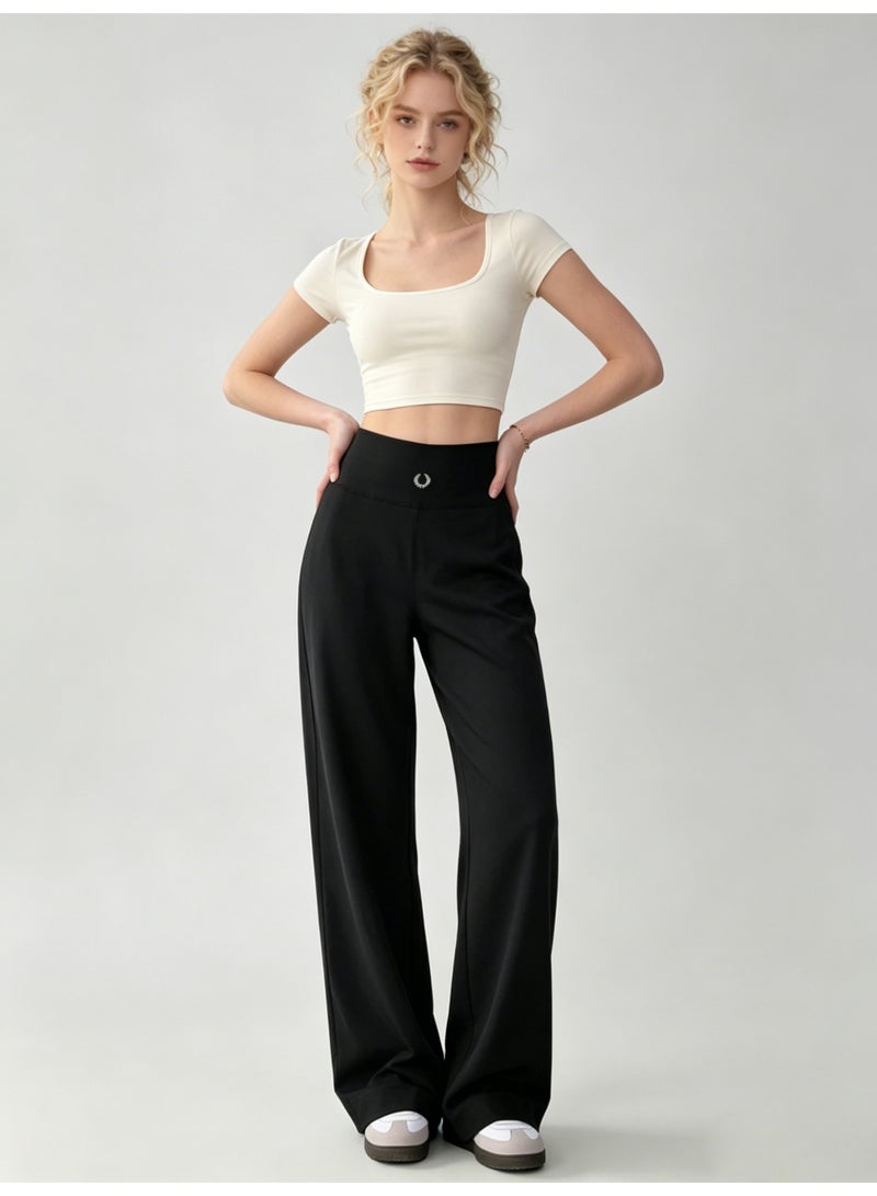 فريد بيري FRED PERRY Women's High Waist Wide Leg Pants - Smooth Casual Pants with Minimalist Logo, Suitable for Sports, Leisure and Daily Wear (Black) - Image 5