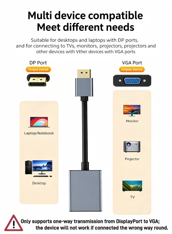 YINPAGE DP to VGA Adapter, 1080P@60Hz HD Converter, Gold-Plated DP Male to VGA Female Cable, Compatible with Desktop, Laptop, Monitor, Projector, TV – Plug & Play, Aluminum Shell - Image 2