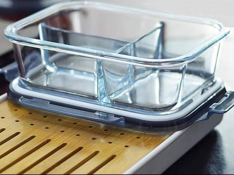 Riomtric Glass Lunch Box Containers Tiffin 3Partition Compartment with Clamp Random Color Plastic Lid Proof Airtight Pack of 1 LID Multi Color - Image 2