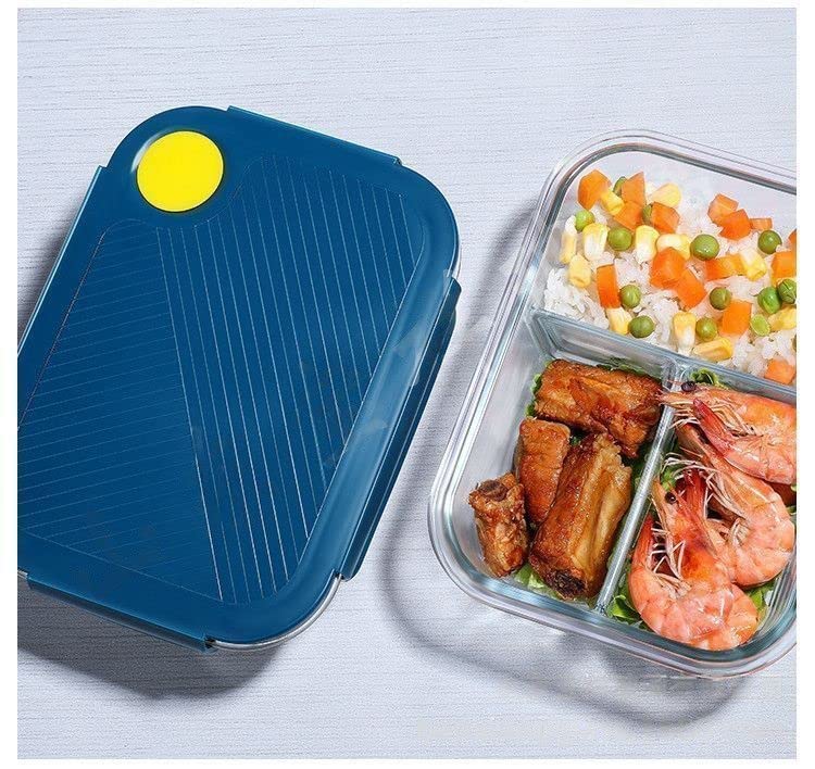 Riomtric Glass Lunch Box Containers Tiffin 3Partition Compartment with Clamp Random Color Plastic Lid Proof Airtight Pack of 1 LID Multi Color - Image 3