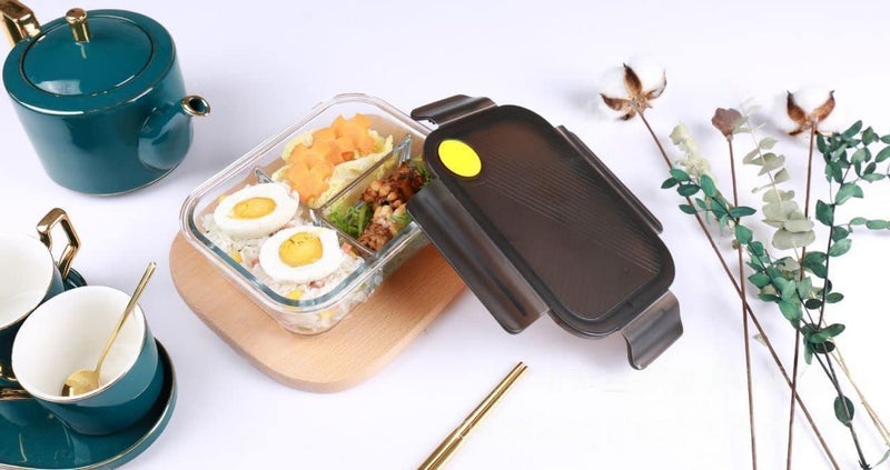 Riomtric Glass Lunch Box Containers Tiffin 3Partition Compartment with Clamp Random Color Plastic Lid Proof Airtight Pack of 1 LID Multi Color - Image 4