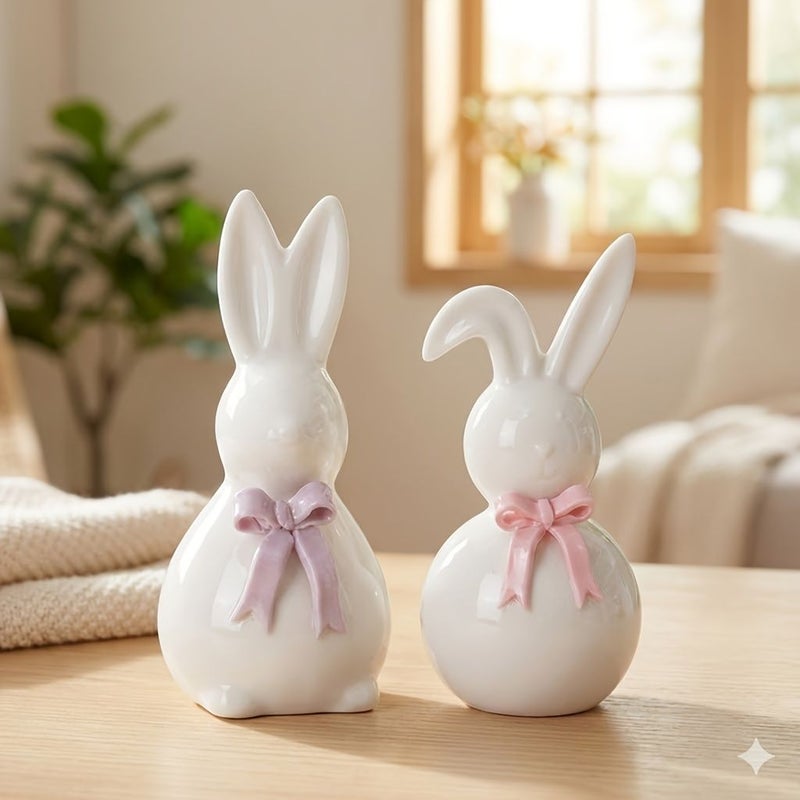 White Ceramic Bunny Figurine With Bow Minimalist Decor Size D - Image 2