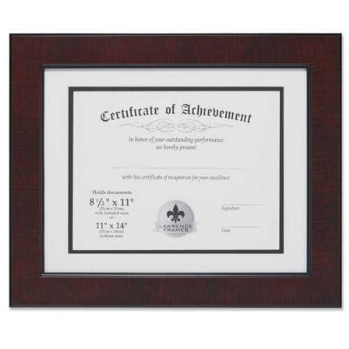 Lawrence Frames Dual Use Faux Burl 11 by 14-Inch Certificate Picture Frame with Double Bevel Cut Matting for 8.5 by 11-Inch Document, Mahogany - Image 1