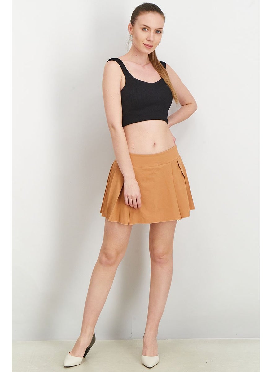Outrageous Fortune - Women Pleated Mini Skort, Camel - Image 1