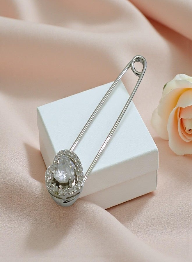 ACCESSHER Women's & Girls Silver-Plated Heart Shape American Diamond Safety Pin Brooch, Decorative Saree and Hijab Pin, Elegant Saree Pleats, Pallu & Dupatta Accessory - Image 4