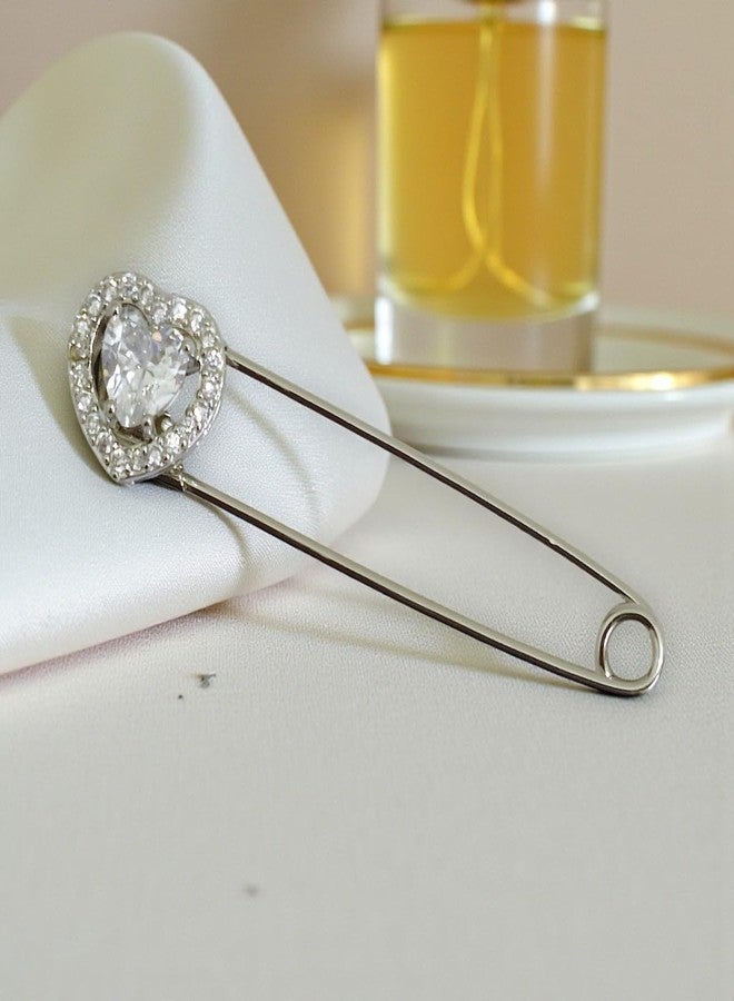 ACCESSHER Women's & Girls Silver-Plated Heart Shape American Diamond Safety Pin Brooch, Decorative Saree and Hijab Pin, Elegant Saree Pleats, Pallu & Dupatta Accessory - Image 3
